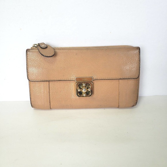 Chloe Handbags - Chloe Elsie Leather Long Zip Wallet Clutch Turnlock Tan Beige Large Continental